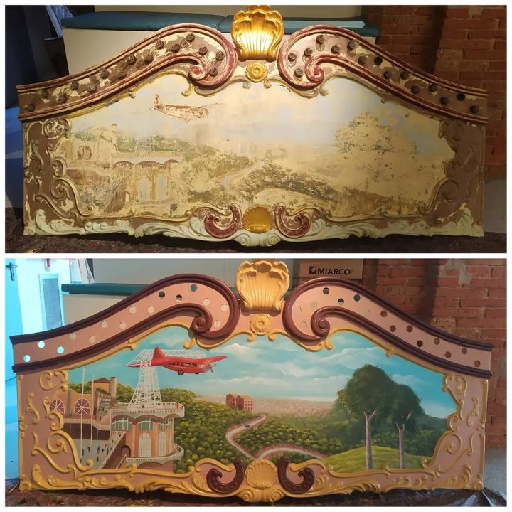 Ceiling panel with the Tibidabo and the aeroplane, before and after