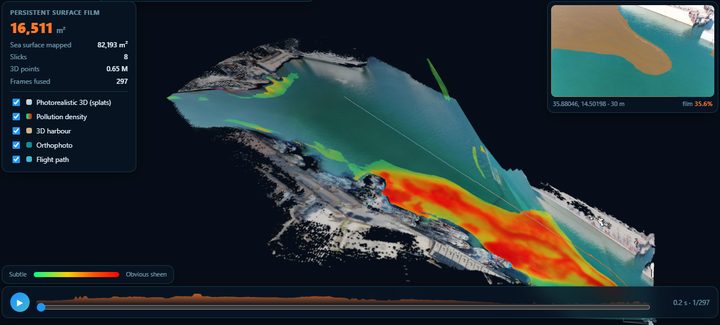 3D reconstruction of the harbour with the pollution slick mapped