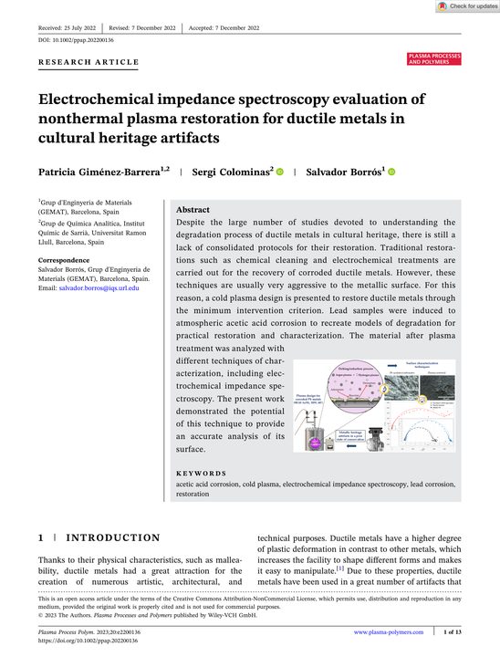 First page of the paper (Plasma Processes and Polymers, 2023)